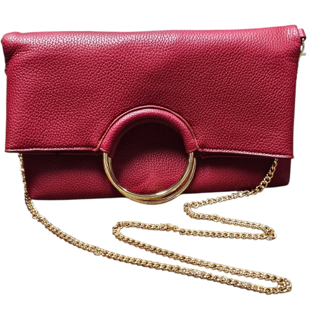 Urban Expressions Red Vegan Leather Handbag with Gold Ring Handles & Chain Strap